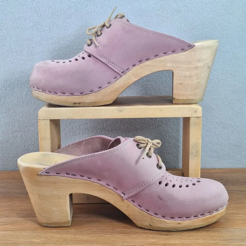 Sven Women's US 9.5-10 EU 40 Lace-Up Clogs Tan Pink Circle Punch Leather Sweden - Picture 5 of 11